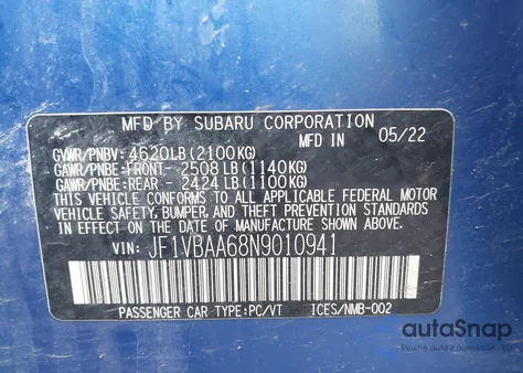 2022 Subaru Wrx from USA, damaged, VIN JF1VBAA68N9010941